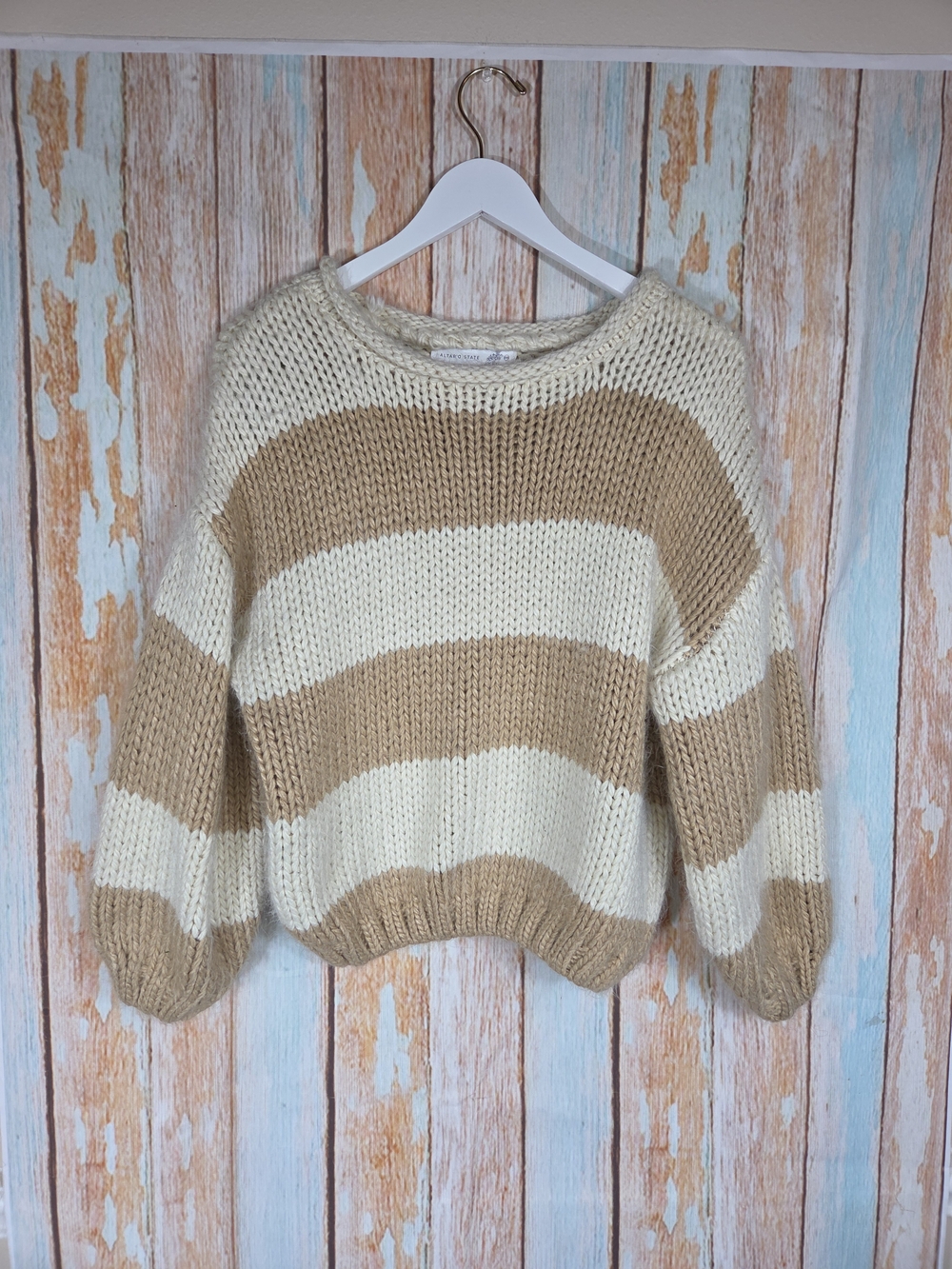 Altar'd State Cream and Tan Oversized Striped Knit Sweater. Size Xxs